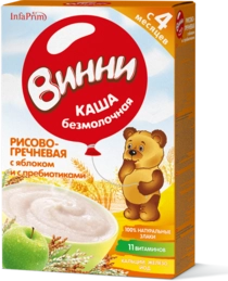 Винни bolalar bo’tqasi, sutsiz guruch va grechkali olma bilan
